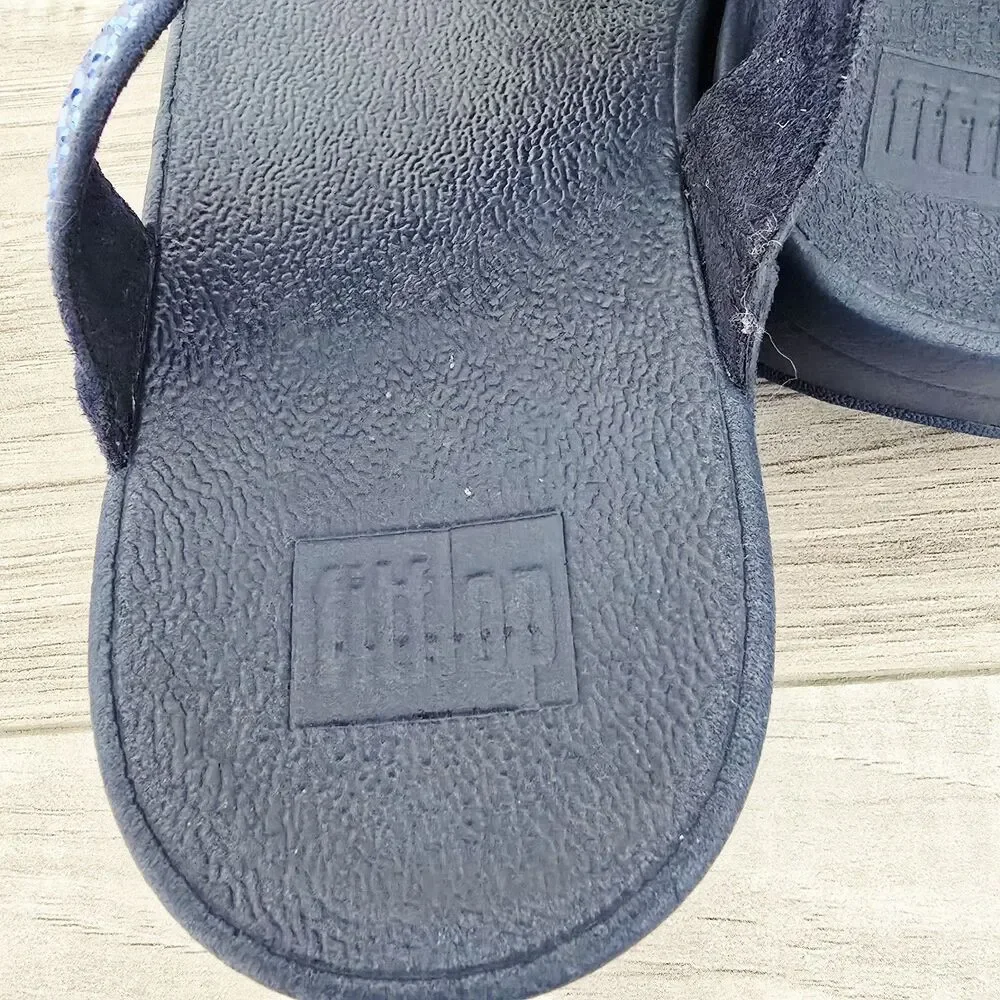 FitFlop Womens 7 Strobe Rhinestone Sandals Shoe Navy Thong Wedge SlipOn Comfort